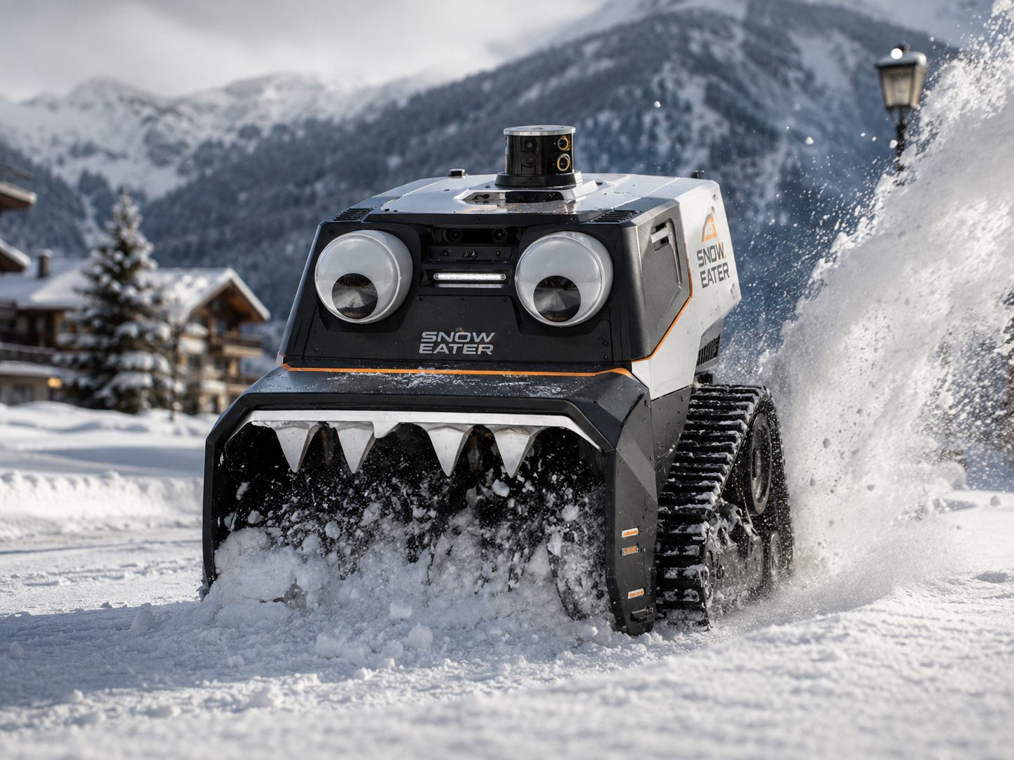 SnowEater concept unit — a tracked autonomous snow blower with two large googly eyes and a toothed intake, throwing snow on a mountain village street